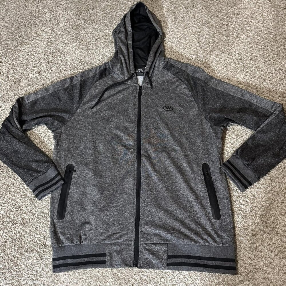 Jian Wang Hoodie Mens Large Gray Full Zip Sweatshirt Athletic Pockets Polyester